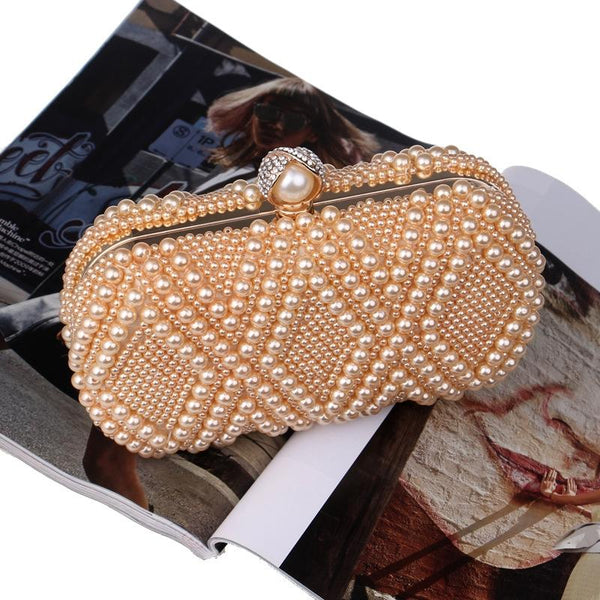 Diamond Pattern Faux Pearl Beaded Evening Wedding Party Clutch Bag Gold