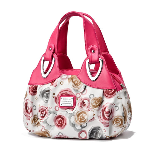 Faux PU Leather Slouchy Bucket Bag Handbag Multi Pocket Pink Handle Roses