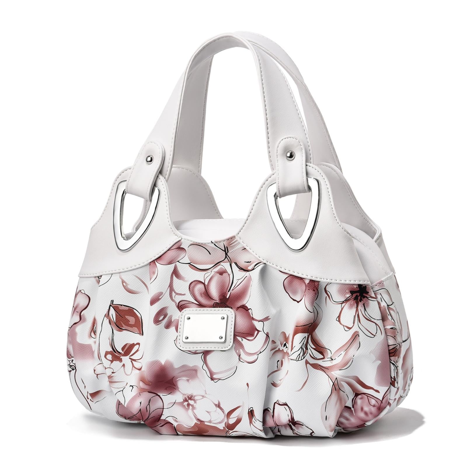 Faux PU Leather Slouchy Bucket Bag Handbag Multi Pocket White Handle Ink Floral