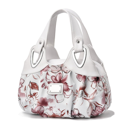 Faux PU Leather Slouchy Bucket Bag Handbag Multi Pocket White Handle Ink Floral