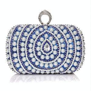 Faux Pearl Beaded Rhinestone Womens Evening Wedding Party Clutch Bag Blue