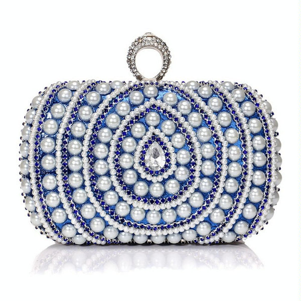 Faux Pearl Beaded Rhinestone Womens Evening Wedding Party Clutch Bag Blue