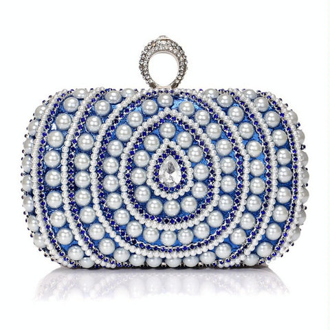 Faux Pearl Beaded Rhinestone Womens Evening Wedding Party Clutch Bag Blue