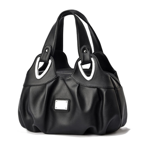 Faux PU Leather Slouchy Bucket Bag Handbag Multi Pocket Black