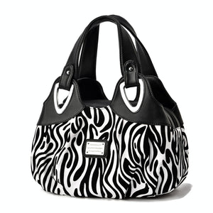 Faux PU Leather Slouchy Bucket Bag Handbag Multi Pocket Black White Zebra