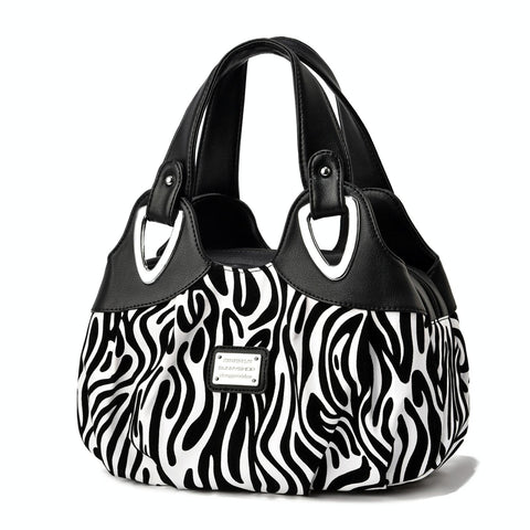 Faux PU Leather Slouchy Bucket Bag Handbag Multi Pocket Black White Zebra