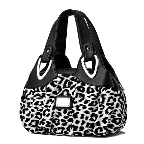Faux PU Leather Slouchy Bucket Bag Handbag Multi Pocket Black White Leopard Print