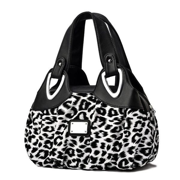 Faux PU Leather Slouchy Bucket Bag Handbag Multi Pocket Black White Leopard Print