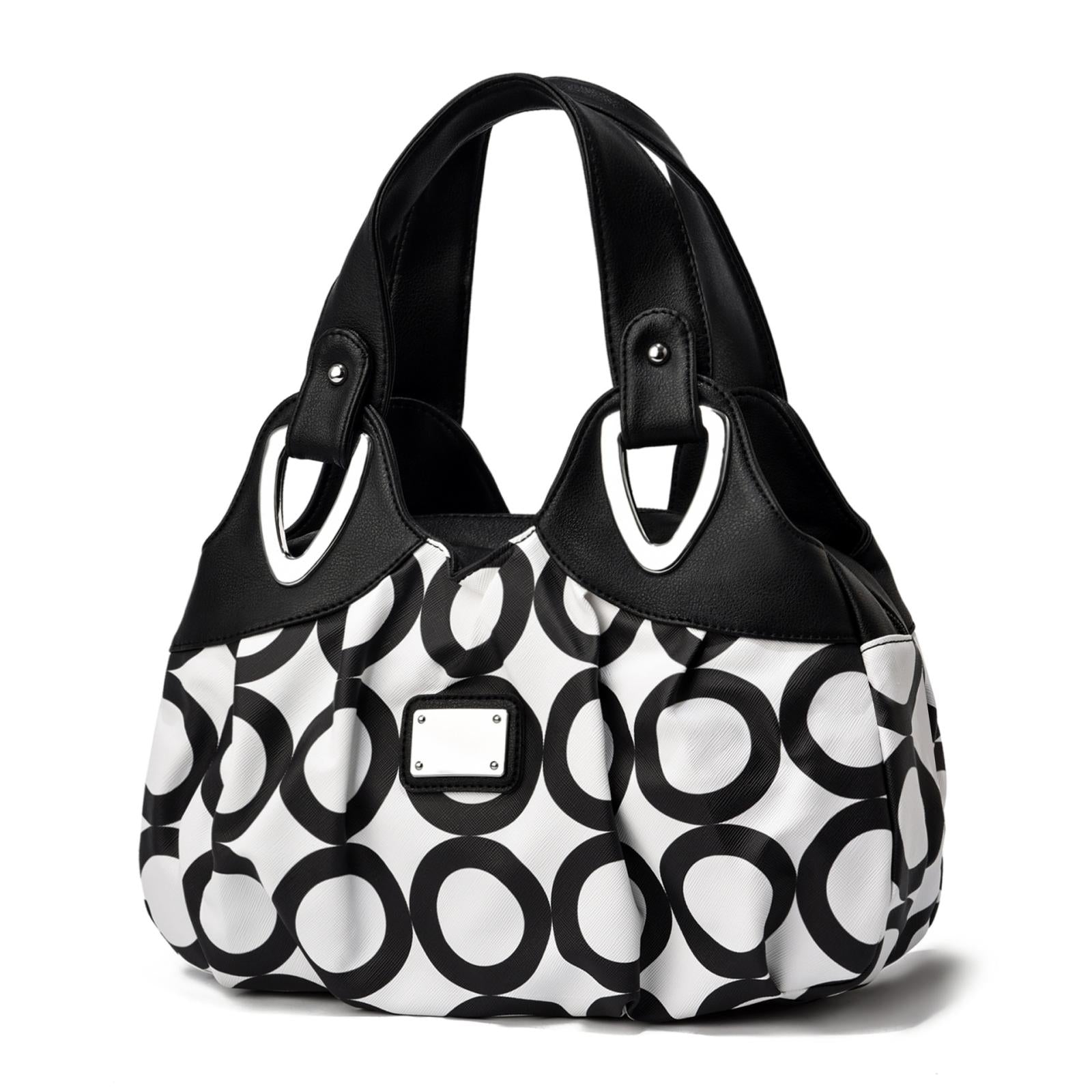 Faux PU Leather Slouchy Bucket Bag Handbag Multi Pocket Black White Circles