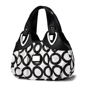 Faux PU Leather Slouchy Bucket Bag Handbag Multi Pocket Black White Circles
