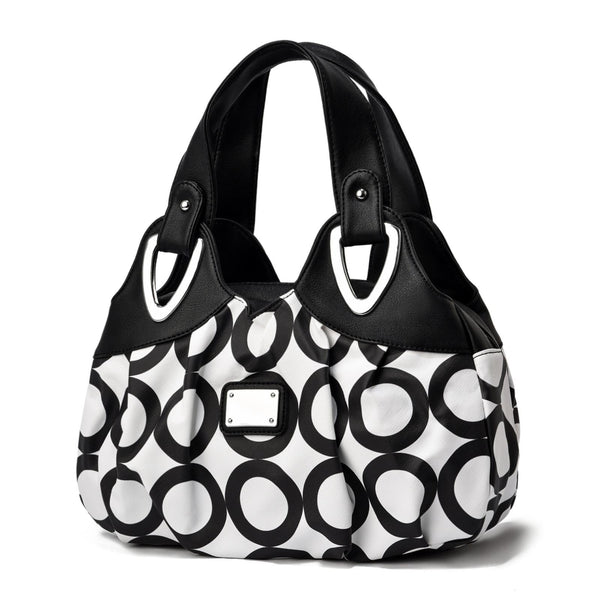 Faux PU Leather Slouchy Bucket Bag Handbag Multi Pocket Black White Circles