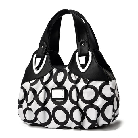 Faux PU Leather Slouchy Bucket Bag Handbag Multi Pocket Black White Circles