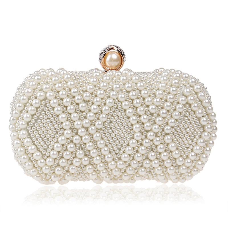 Diamond Pattern Faux Pearl Beaded Evening Wedding Party Clutch Bag Cream