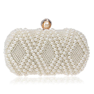 Diamond Pattern Faux Pearl Beaded Evening Wedding Party Clutch Bag Cream
