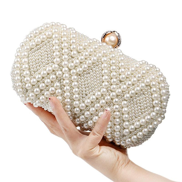 Diamond Pattern Faux Pearl Beaded Evening Wedding Party Clutch Bag Cream