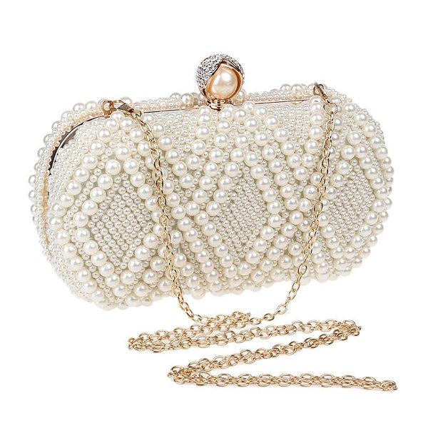 Diamond Pattern Faux Pearl Beaded Evening Wedding Party Clutch Bag Cream