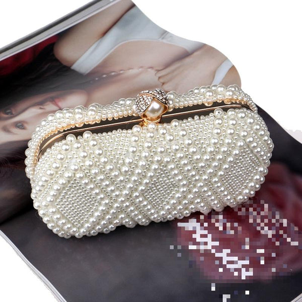 Diamond Pattern Faux Pearl Beaded Evening Wedding Party Clutch Bag Cream