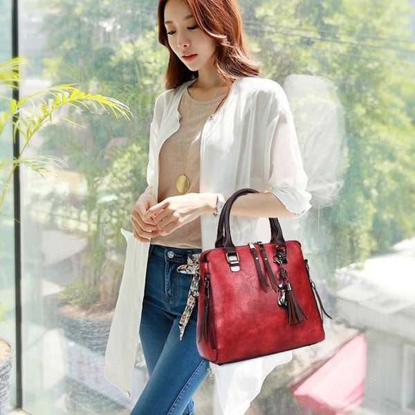 Faux PU Leather Crossbody Shoulder Tote Bag Handbag Tassel Red