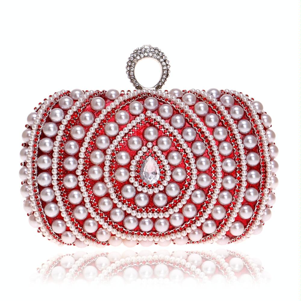 Faux Pearl Beaded Rhinestone Womens Evening Wedding Party Clutch Bag Red