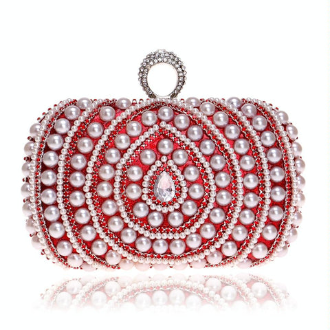 Faux Pearl Beaded Rhinestone Womens Evening Wedding Party Clutch Bag Red