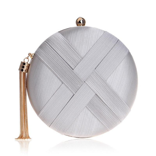 Faux Silk Round Evening Wedding Party Clutch Shoulder Bag Handbag Silver