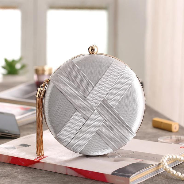 Faux Silk Round Evening Wedding Party Clutch Shoulder Bag Handbag Silver