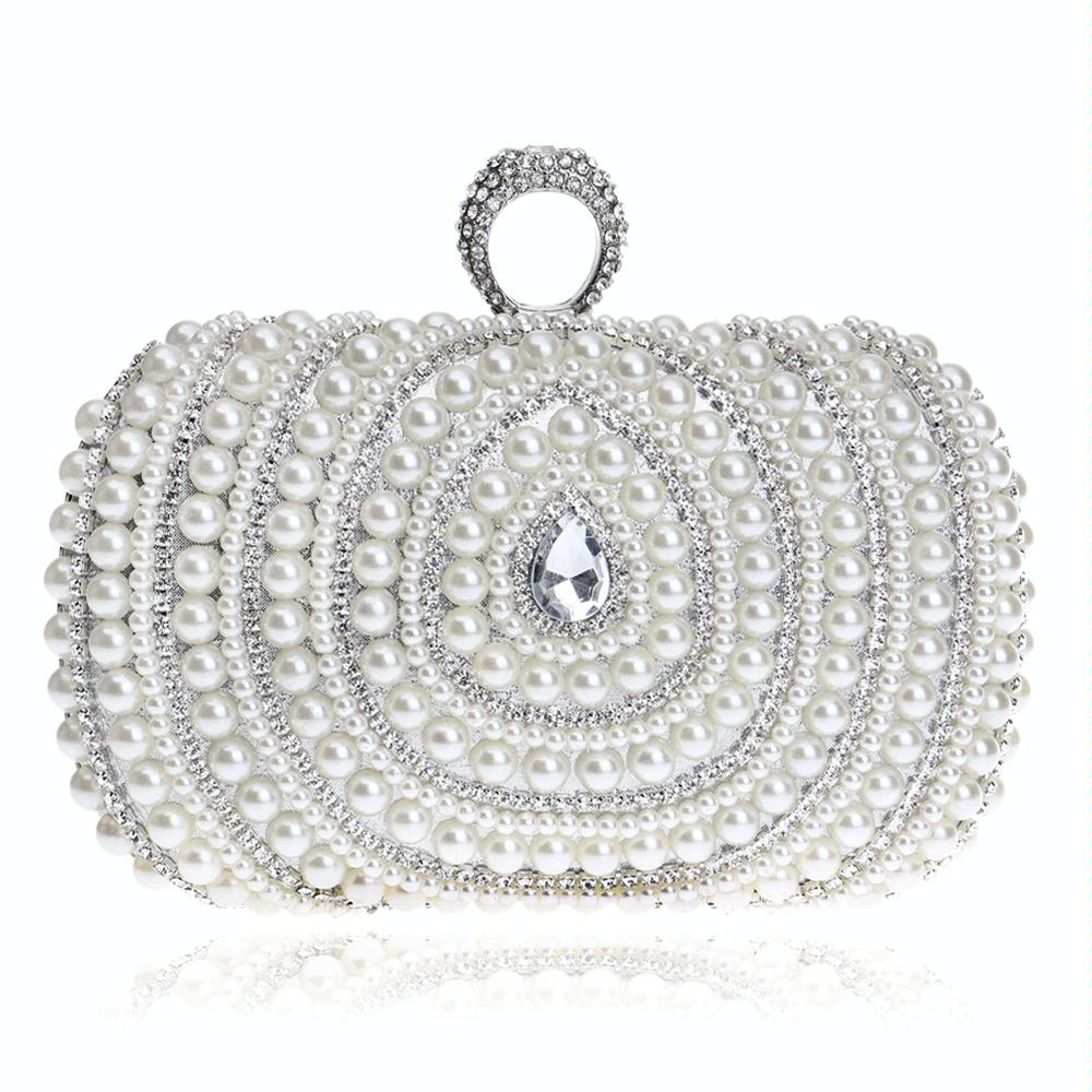 Faux Pearl Beaded Rhinestone Womens Evening Wedding Party Clutch Bag Silver