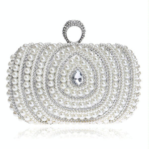 Faux Pearl Beaded Rhinestone Womens Evening Wedding Party Clutch Bag Silver