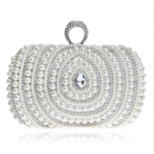 Faux Pearl Beaded Rhinestone Womens Evening Wedding Party Clutch Bag Silver
