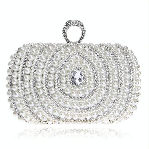 Faux Pearl Beaded Rhinestone Womens Evening Wedding Party Clutch Bag Silver