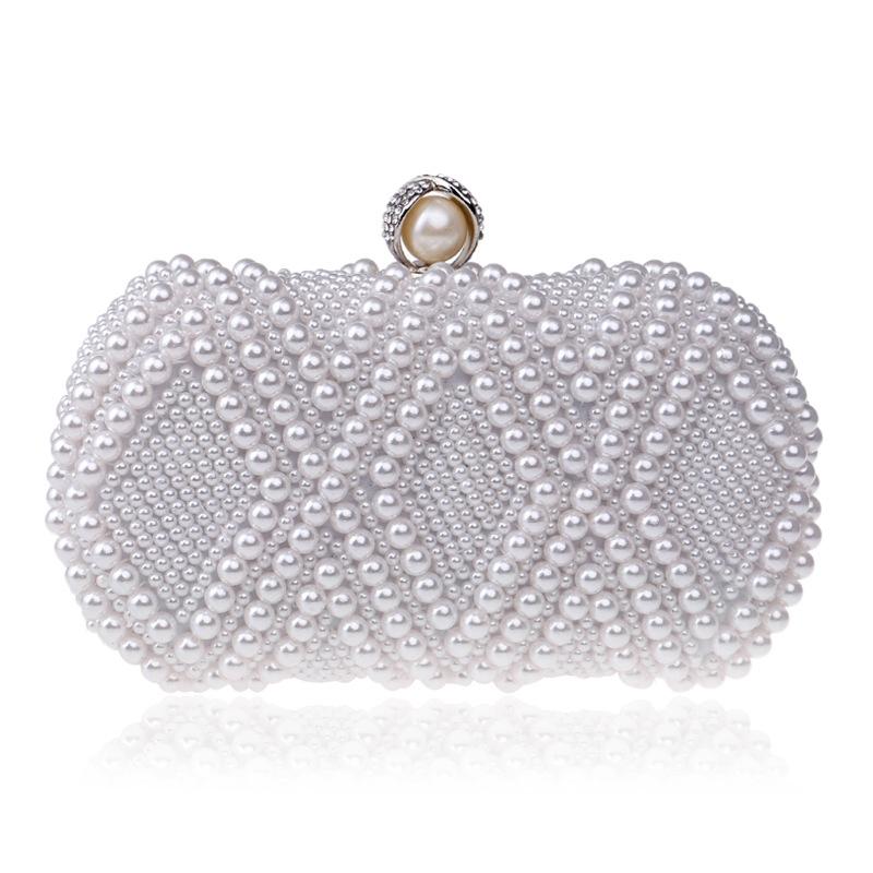 Diamond Pattern Faux Pearl Beaded Evening Wedding Party Clutch Bag White