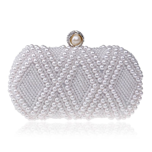 Diamond Pattern Faux Pearl Beaded Evening Wedding Party Clutch Bag White