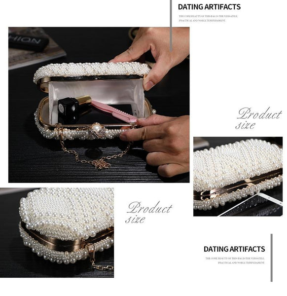 Diamond Pattern Faux Pearl Beaded Evening Wedding Party Clutch Bag White