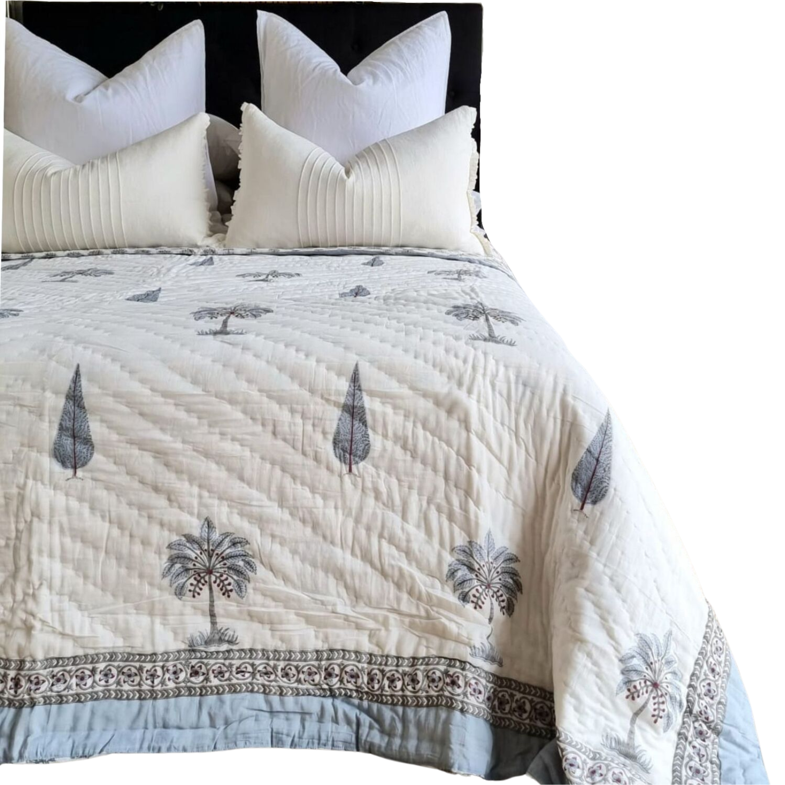 Kolka Palm Pine Cotton Reversible Comforter Bedspread Coverlet Blue King Size