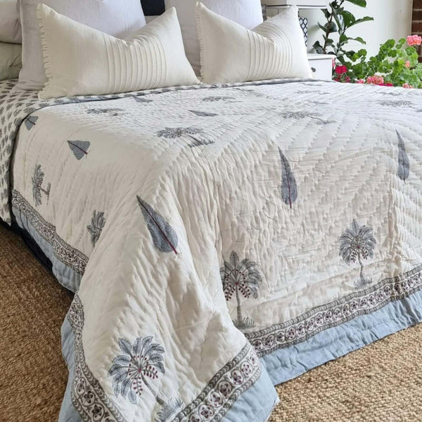 Kolka Palm Pine Cotton Reversible Comforter Bedspread Coverlet Blue King Size