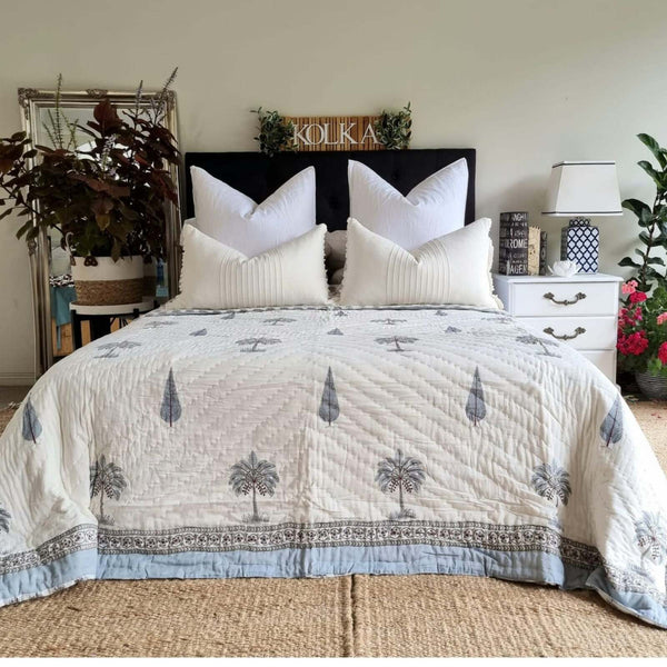 Kolka Palm Pine Cotton Reversible Comforter Bedspread Coverlet Blue King Size