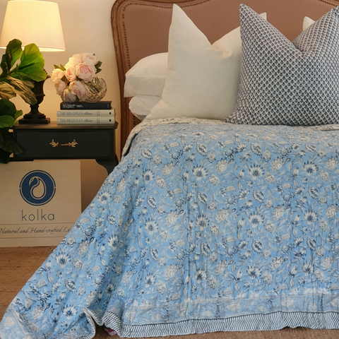 Wild Flower Ocean Reversible Bedspread Comforter Coverlet Blue King 228 x 274cm
