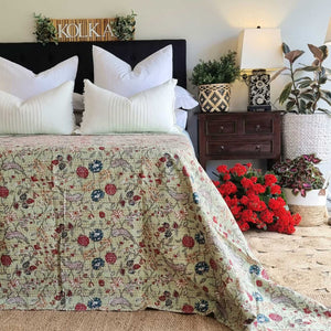 Green Berries Kantha Bedspread Blanket Throw Green King