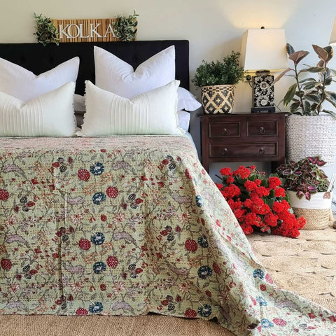 Green Berries Kantha Bedspread Blanket Throw Green King