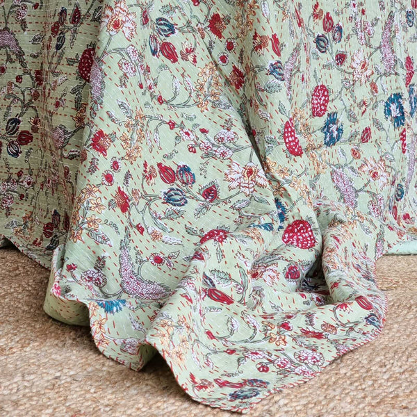 Green Berries Kantha Bedspread Blanket Throw Green King
