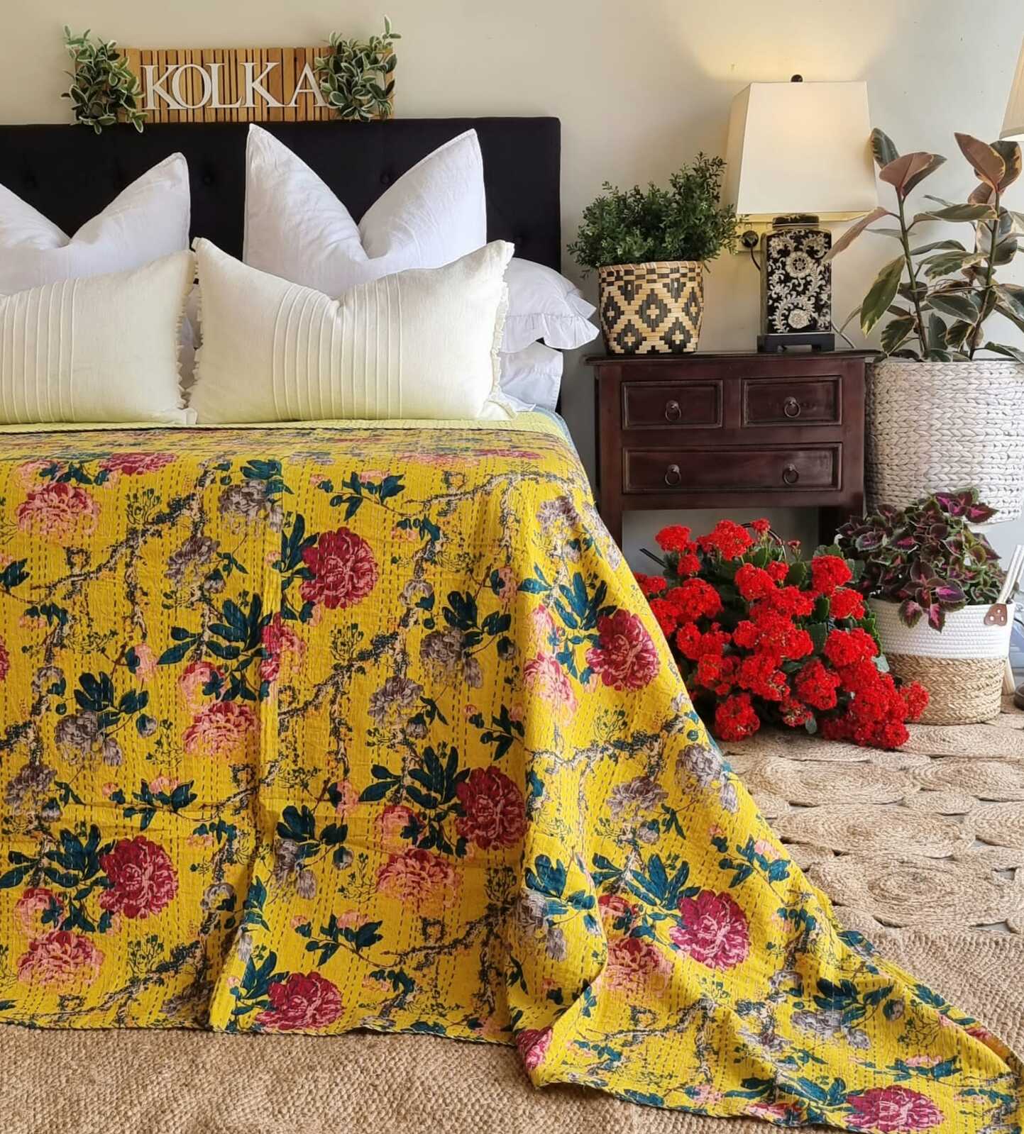 Peony Kantha Reversible Bedspread Throw Blanket Mustard King