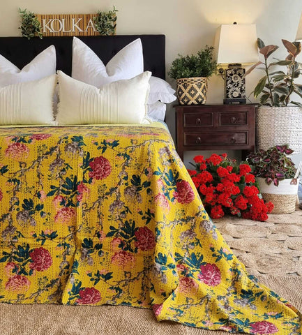 Peony Kantha Reversible Bedspread Throw Blanket Mustard King