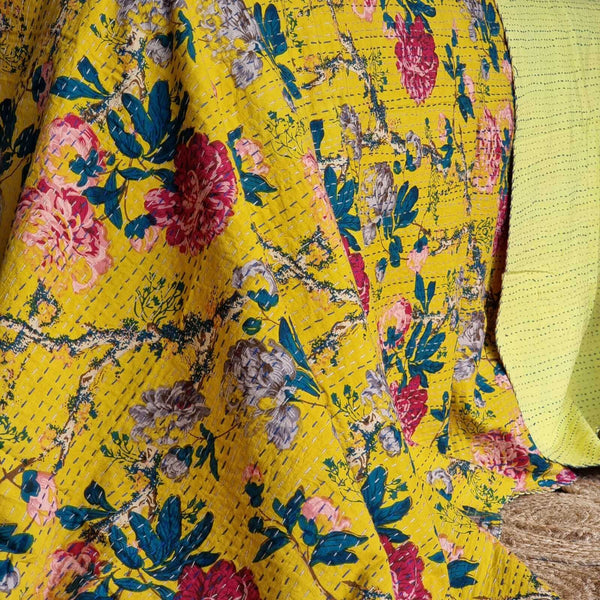 Peony Kantha Reversible Bedspread Throw Blanket Mustard King