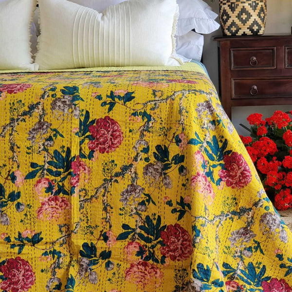 Peony Kantha Reversible Bedspread Throw Blanket Mustard King