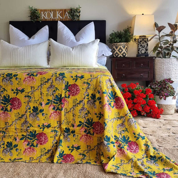 Peony Kantha Reversible Bedspread Throw Blanket Mustard King