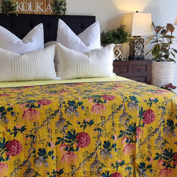 Peony Kantha Reversible Bedspread Throw Blanket Mustard King