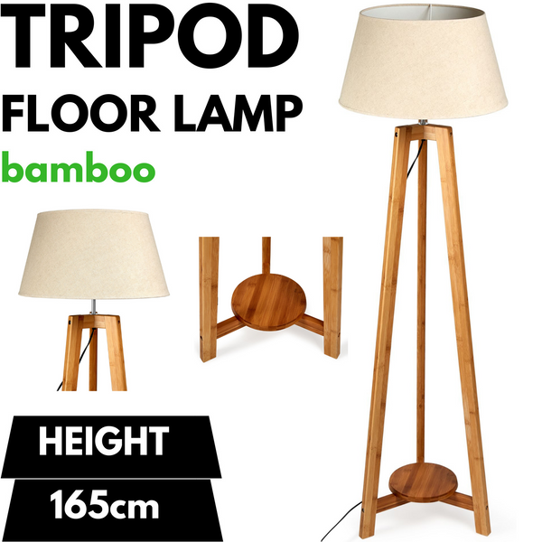 Large Tripod Floor Lamp Light Linen Shade Modern Bamboo Vintage Wooden Retro