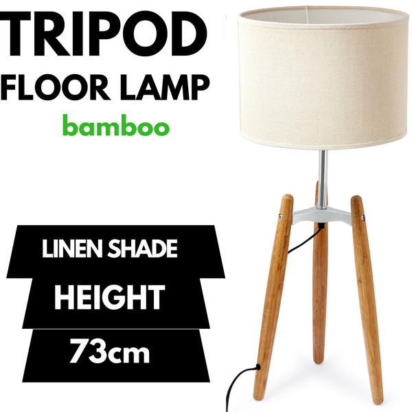 Bamboo Tripod Table Side Lamp Light Modern Vintage Beige Linen Shade 73cm