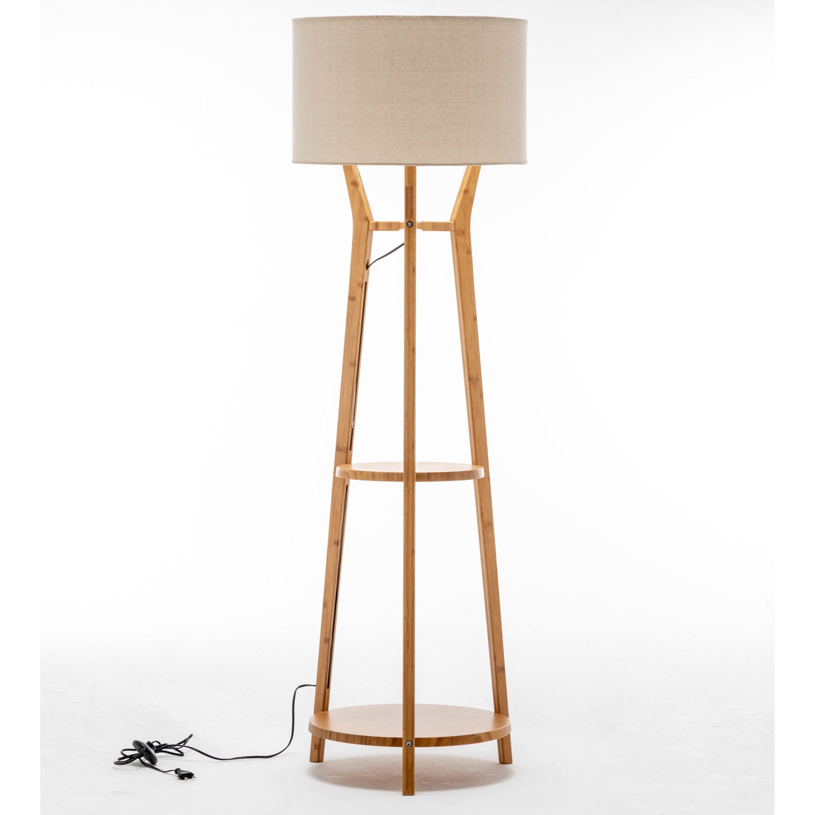 Bamboo Wooden Tripod Floor Lamp Light Linen Shade Shelves 168cm