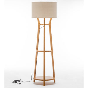 Bamboo Wooden Tripod Floor Lamp Light Linen Shade Shelves 168cm